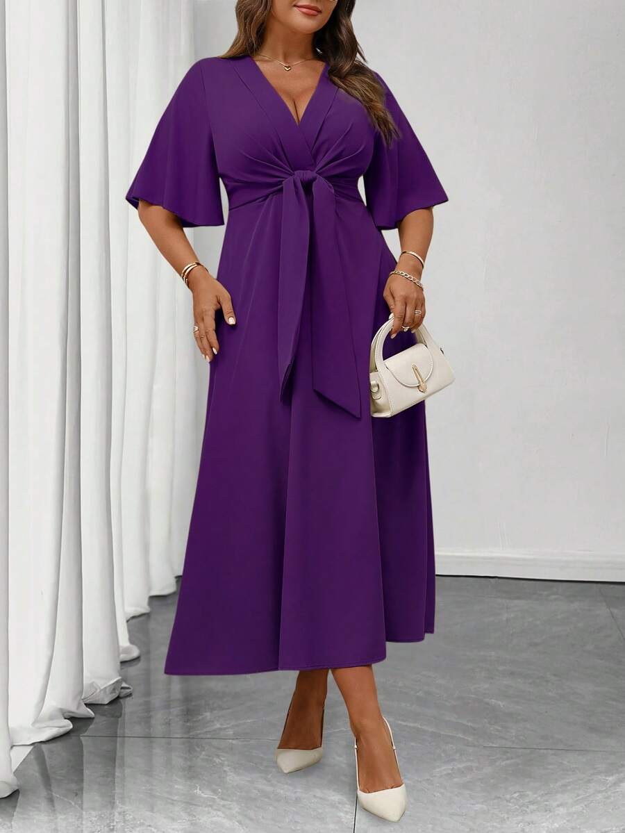 SHEIN Elenzya Plus Size Women's Elegant Daily Wear V-Neck Ruffle Short Sleeve Tie-Waist A-Line Maxi Dress - Purple - View 1