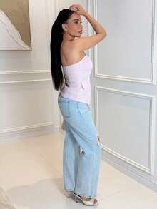 Milla Jasmine 女士纹理粉色露肩短款上衣，配珍珠纽扣细节，夏季 - 粉色 - 查看 6