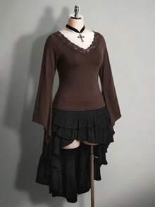 SHEIN ICON 大码女式V领蕾丝拼接喇叭袖T恤 - 棕色 - 查看 8