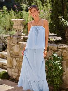 KARISMINA Conjunto de 2 piezas de mujer con camiseta de gasa y falda, a rayas, estilo vacacional, para primavera/verano - Azul y blanco - Ver 4