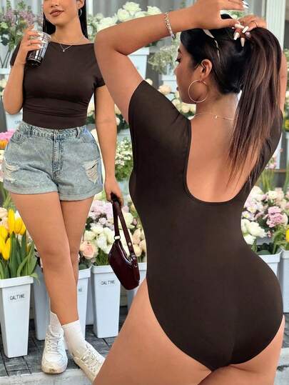 GalTyme Plus Size Women Solid Color Casual Bodysuit For Daily Wear