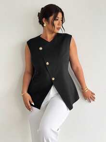 Firerie Plus Size Solid V-Neck Button Front Sleeveless Casual Blazer - Black - View 4