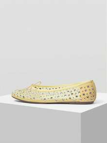 MOTF PREMIUM 女士新款欧美时尚网面水钻蝴蝶结小圆头平底鞋，百搭舒适轻便，简约芭蕾舞鞋，优雅仙女风，春季舞蹈鞋 - 黃色 - 查看 6