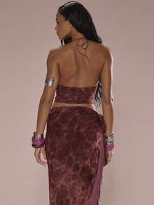 MUSERA Áo croptop Devore Paisley Print kiểu buộc dây cổ yếm cúp tam giác, thích hợp cho kỳ nghỉ hè, đi biển, Ibiza, lễ hội, thanh lịch, Cherry Moon. - Màu Đỏ Sâu - Xem 2