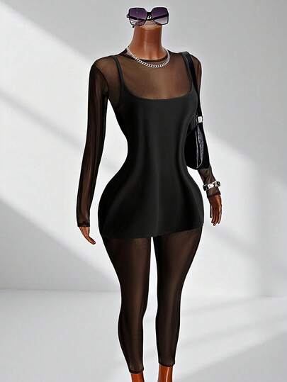 Sunspun プラスサイズ レディース メッシュ パッチワーク 2wayジャンプスーツ