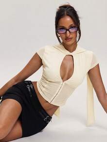 SHEIN BAE 女士性感镂空网纱拼接上衣，夏季 - 杏色 - 查看 5