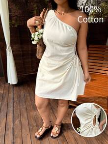 SHEIN EZwear 加大码不对称领口杏色迷你连衣裙，饰有打结细节，休闲夏季风格，单肩单袖设计，夏季连衣裙，米色连衣裙，度假连衣裙 - 杏色 - 查看 8