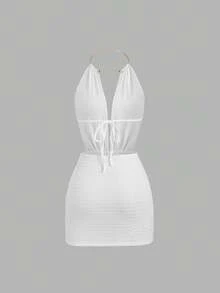 Sweetra Sexy Backless V-Neck Metal Clip Dress, European And American Fashionable Siren Style, Slim Fit Bodycon Beach Vacation Casual Dress - White - View 2