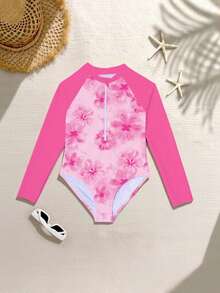 SHEIN 少女休闲度假碎花随机印花玫红色长袖针织连体泳衣，休闲时尚可爱，适合少女夏季度假和海滩穿着 - 彩色 - 查看 2