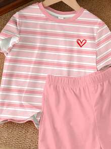 2pcs Tween Girls Casual Striped Heart Print Short Sleeve Top And Shorts Set, Suitable For Spring/Summer, Suitable For School - Multicolor - View 6