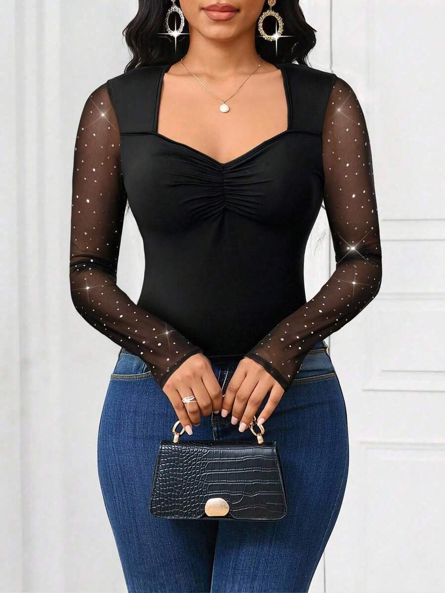 SHEIN Lady Blusa ajustada de moda con cuello de volantes de malla con aplicaciones de strass - Negro - Ver 1