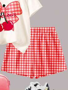 Cute Mini Red Plaid, Cherry Pattern, Tween Girl Casual Minimalist Short Sleeve Round Neck T-Shirt And Shorts 2-Piece Set, Suitable For Summer Vacation - Multicolor - View 5