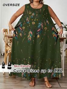 SHEIN CURVE+ 大码女式无袖印花连衣裙，夏季、假日、秋季、冬季服装，CURVE PLUS - 橄欖綠 - 查看 9