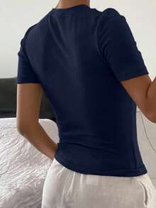 DAZY Women's Summer Fitted Regular-Shoulder Short Sleeve Casual T-Shirt - Navy Blue - View 4
