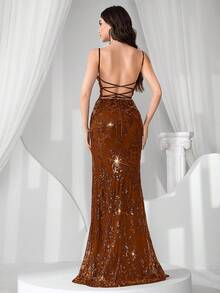 Đầm đuôi cá xẻ tà hở lưng, ren và đính sequin. - màu nâu - Xem 2