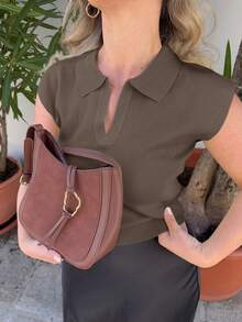 Jeta Ari Women's Casual Business Style Solid Color Loose Fit Knit Sweater With Collar Old Money - Coffee Brown - View 6