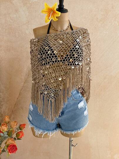 Soleia Women's Sexy Beach Vacation Crochet Hollow Out Sequin Fringe Hem Halter Sheer Knit Blouse