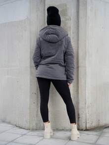 SAYEHFBABY 女士连帽加厚保暖聚酯纤维合成保暖冬季外套，采用高腰工作服设计，冬季保暖内衬 - 灰色 - 查看 2