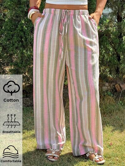 GalTyme 大码女式腰带条纹阔腿裤