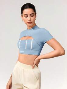 Activina Camiseta deportiva de manga corta casual con contraste de color para mujer - Celeste - Ver 5