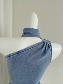 Elamini 女士夏季时尚露背单肩褶皱修身牛仔衬衫 - 藍色 - 查看 5