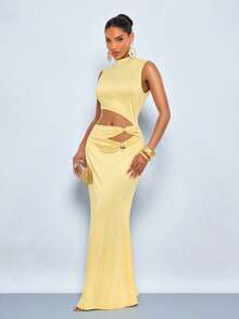 SOLERSUN Women's Elegant Summer Yellow Metal Decorated Sleeveless Bodycon Maxi Dress,Casual Solid Color Party Night Outfit,Vacation Hawaii Wedding Formal Dress - Yellow - View 8