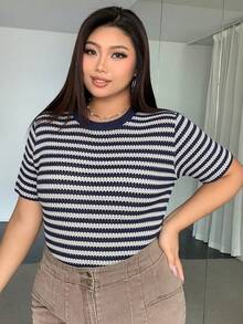 Dazy Petite Plus 大码撞色条纹短袖T恤，棕色，春夏款 - 藏蓝色 - 查看 7