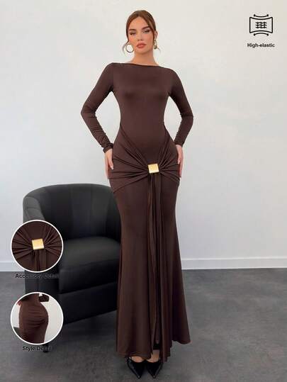 Aloruh 秋冬新品女士连衣裙棕色秋季女士连衣裙圣诞派对礼服新年前夜感恩节假期长款商务休闲优雅新年服装拍摄连衣裙性感时尚风格茶会礼服