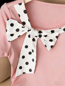 GlowEve Women's Fashion Polka Dot Bow Tie Waist Ruched Casual T-Shirt Top, Versatile For Spring And Summer - Pink - View 6