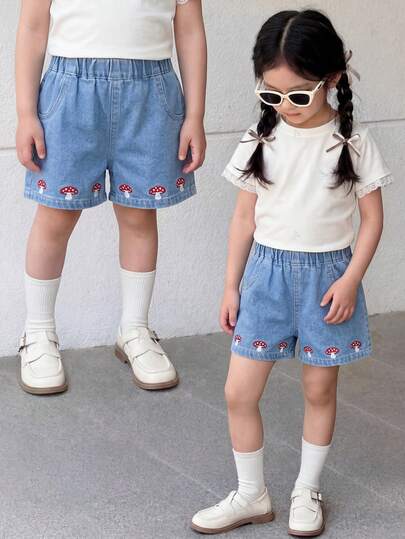 SHEIN Playful Pals Girls (Small) Denim Washed Versatile Cute Mushroom Embroidery Flare Leg Denim Shorts, Summer