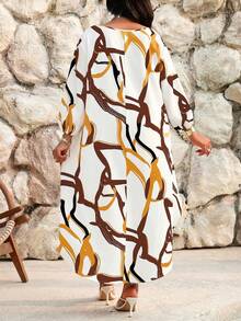 SHEIN Lady 春夏优雅通勤办公休闲波西米亚风彩色编织圆领高低袖七分袖大码T恤 大码衬衫 - 彩色 - 查看 2