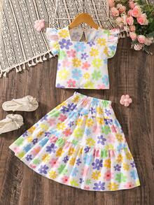 女童碎花印花方领荷叶袖T恤和迷你裙可爱套装 - 彩色 - 查看 4