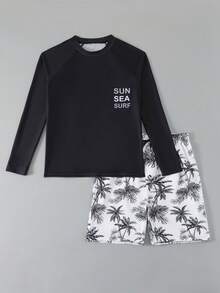 SHEIN Bộ đồ bơi 2 món cho bé trai tuổi teen, phong cách thường ngày và nghỉ lễ, đen trắng, in chữ và cây cọ, áo thun vải dệt kim + quần short vải dệt, thiết kế thời trang thoải mái và phù hợp cho kỳ nghỉ, bơi lội, nghỉ hè, bãi biển, hồ bơi. - màu đen - Xem 5