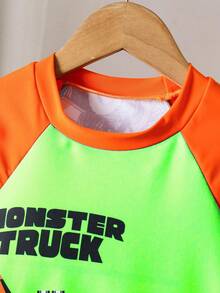 Young Boys Monster Truck Print Swimsuit Set,Cartoon Car Quick-Drying Swimwear,Raglan Sleeve Top & All-Over Print Shorts,Children's Summer Beach Outfit - Multicolor - View 3
