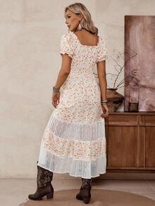 LanaWest Ditsy Floral Square Neck Lace Patchwork Elegant Short Sleeve Dress - Apricot - View 2