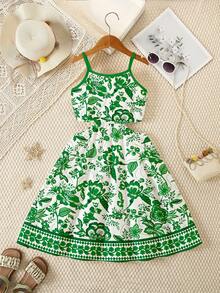 Bộ áo croptop không tay và chân váy in họa tiết hoa cổ điển mùa xuân hè, trang phục thường ngày thoải mái và sành điệu cho bé gái, phù hợp cho kỳ nghỉ hè và mặc hàng ngày. - Nhiều màu - Xem 2