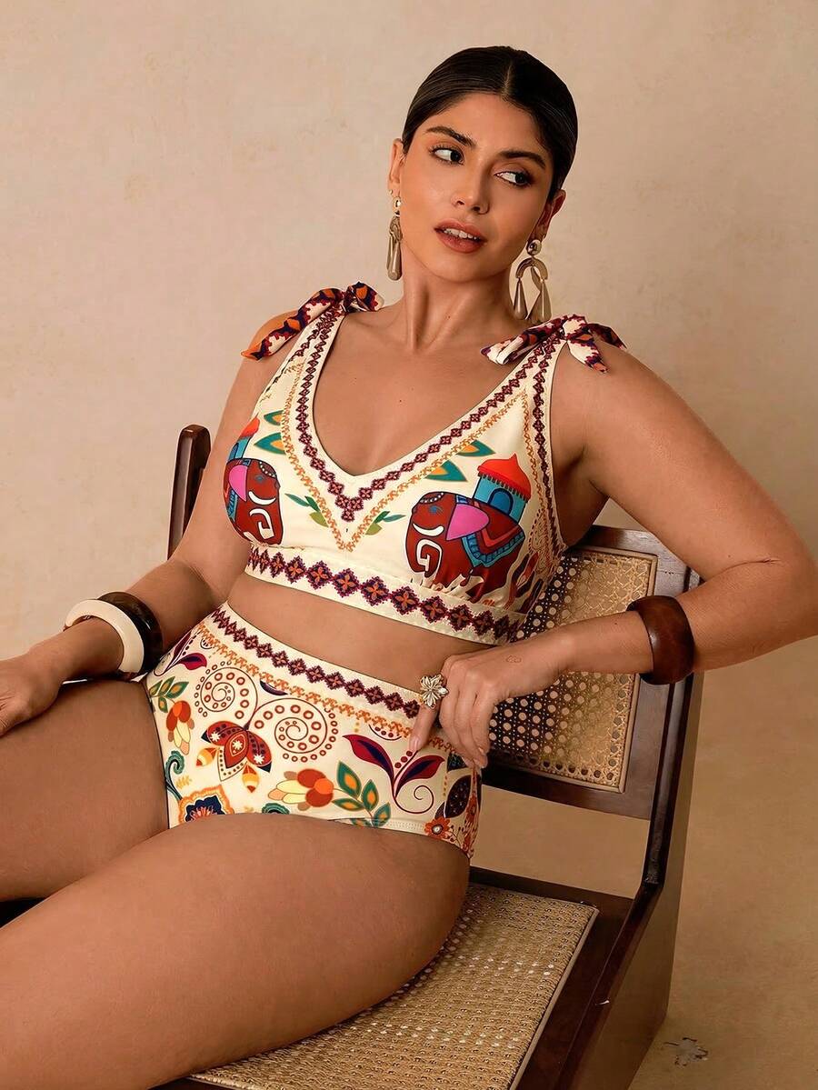 Travachic Ropa de playa informal de estilo tropical para tallas grandes, traje de baño bohemio de 2 piezas con estampado, escote halter para mujeres, bikini de verano - Multicolor - Ver 1
