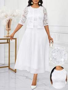 SHEIN Lady Women's Floral Lace Front Open Blouse And Sleeveless Dress Elegant 2 Pieces Set - White - View 4