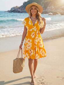 Sylviya Women's Floral Print V-Neck Casual Elegant Tropical Vacation Date Beach Vacation Outing Short Dress,Summer Dresses For Women Golden Yellow - Orange - View 4
