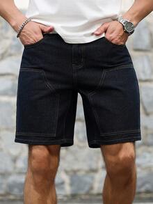 Manfinity Homme 休闲水洗深蓝色宽松及膝牛仔短裤，春夏款 - 藍色 - 查看 4