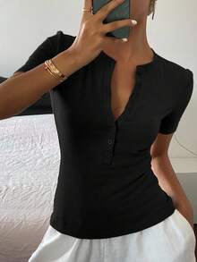 Women's Summer Fitted Regular-Shoulder Short Sleeve Casual T-Shirt - Black - View 6
