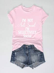 EMERY ROSE Camiseta de verano de cuello redondo con patrón de letras de lema casual para mujer, camiseta con estampado, top para mujer, cómoda de llevar - Rosa - Ver 1