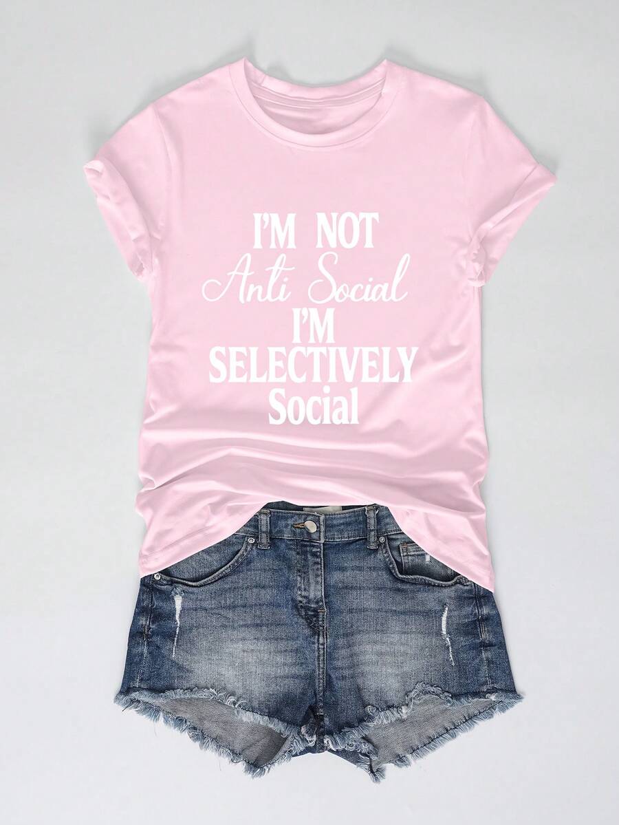 EMERY ROSE Camiseta de verano de cuello redondo con patrón de letras de lema casual para mujer, camiseta con estampado, top para mujer, cómoda de llevar - Rosa - Ver 1