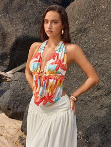 Opulessa Camiseta sin espalda con estampado de punto para mujer para vacaciones de primavera/verano - Multicolor - Ver 5