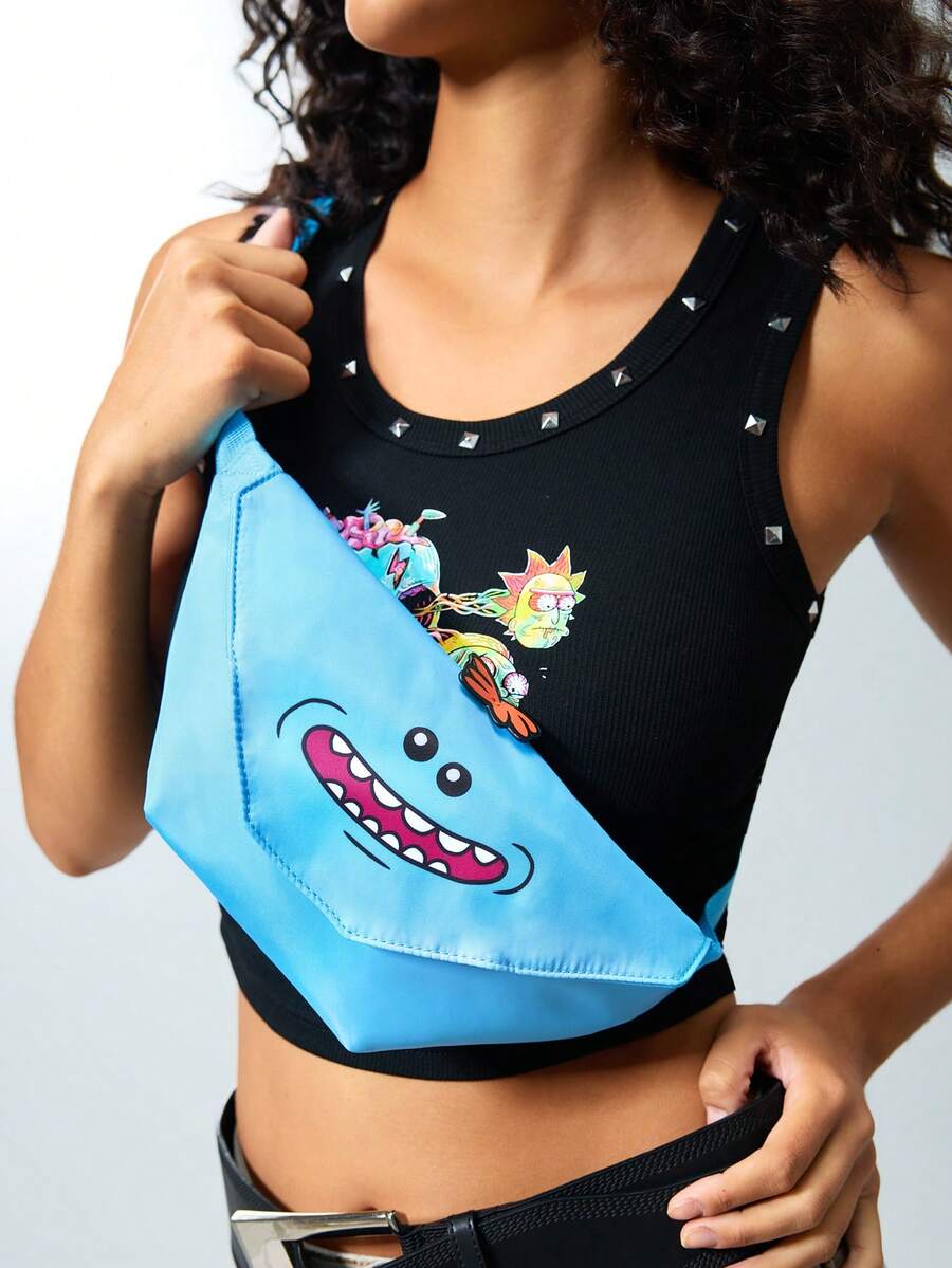 Rick and Morty X SHEIN 1. 卡通图案印花装饰腰包，斜挎包，小巧便携，适合旅行、通勤、外出等场合，适合学生、男女皆宜。Mr. Mission Must Reach - 藍色 - 查看 1