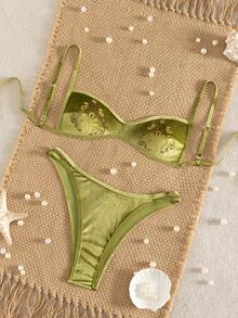 Swim Vcay 女士夏季沙滩花卉刺绣性感比基尼套装 - 綠色 - 查看 5