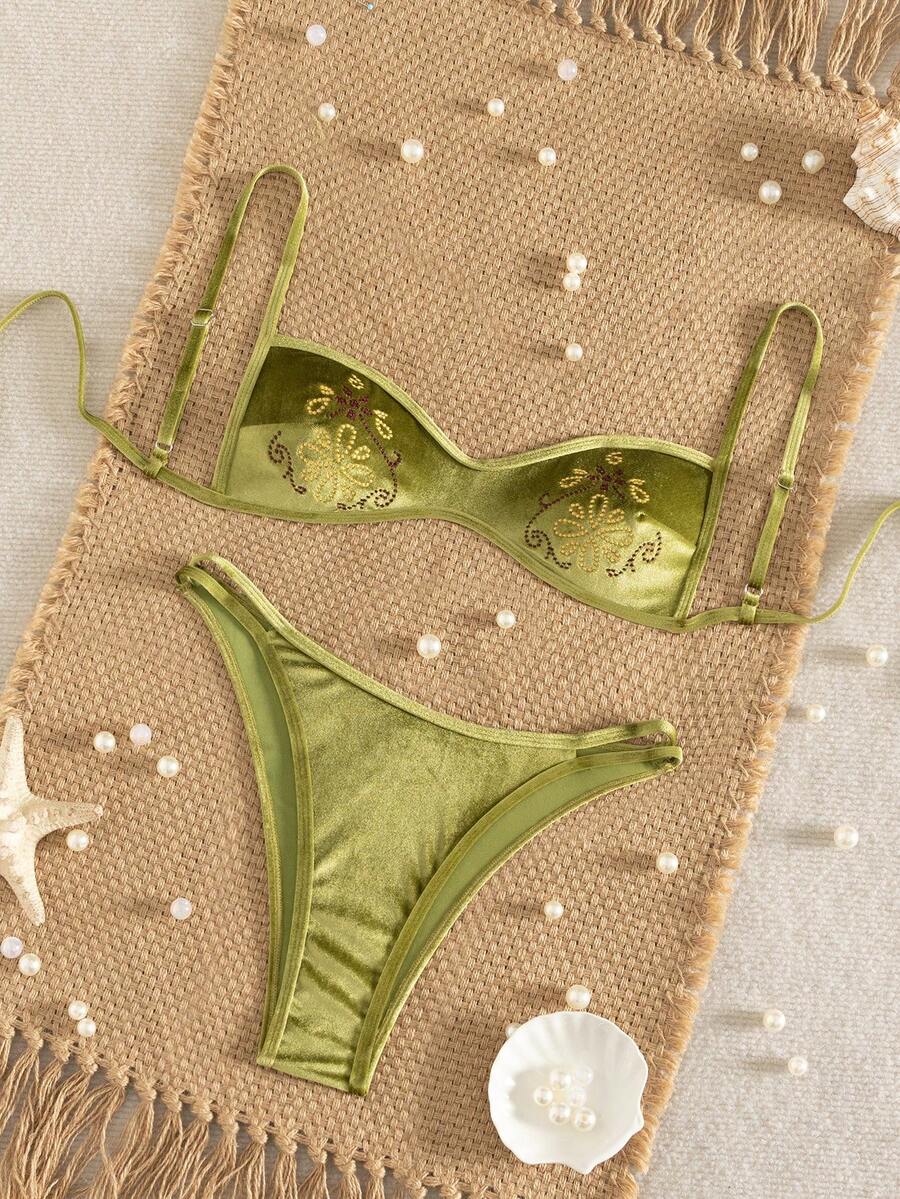 Swim Vcay Bộ bikini gợi cảm thêu hoa mùa hè dành cho nữ - màu xanh lá - Xem 1