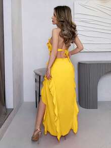 xheJemour Vestido sin mangas con tirantes finos y espalda descubierta con volante en el bajo, vestidos en tonos pastel para mujer, vestido de fiesta de veranoxhe - Amarillo - Ver 5