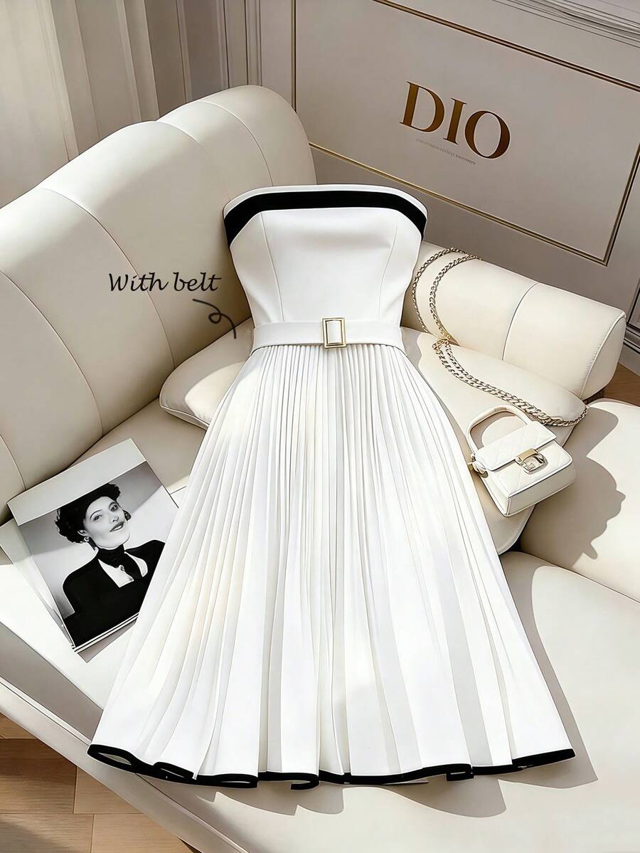 Franclia Đầm dài xếp ly dành cho nữ, thích hợp cho kỳ nghỉ và đi làm, mùa hè. - Đen và trắng - Xem 1