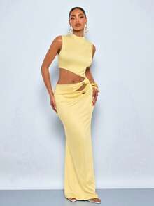 SOLERSUN Women's Elegant Summer Yellow Metal Decorated Sleeveless Bodycon Maxi Dress,Casual Solid Color Party Night Outfit,Vacation Hawaii Wedding Formal Dress - Yellow - View 4